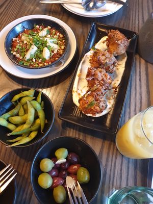 Tofu and oregano Gnocchi and cauli and spinach bhajis with olives and edammame beans at Atticus Finch in Rotorua