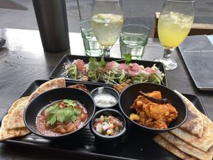 Vegan Dumplings in the back, Vegan Thali in the front   at Atticus Finch in Rotorua