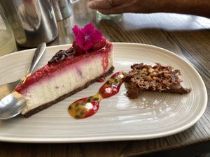 Vegan cashew coconut and raspberry tart, chocolate mousse on the side   at Atticus Finch in Rotorua