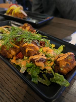 Fried tofu, with yummy salad and sundried tomatoes at Atticus Finch in Rotorua