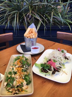 Fries (top), cauliflower/lentil salad (left), and mushroom/tofu lettuce wraps (right) at Atticus Finch in Rotorua