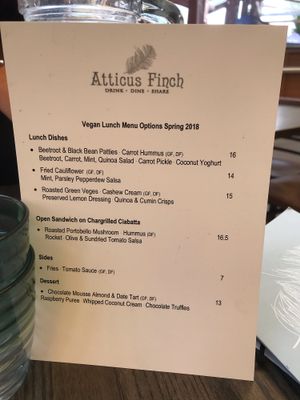 Vegan menu Jan 2019 at Atticus Finch in Rotorua