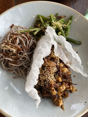 Eggplant, noodles, beans at Atticus Finch in Rotorua