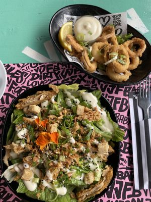 Chicken caesar (€12) and calamari (€8) at Vegan Junk Food Bar - De Pijp in Amsterdam
