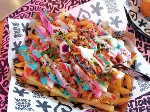 Rainbow fries (with bacon and tenders) at Vegan Junk Food Bar - De Pijp in Amsterdam