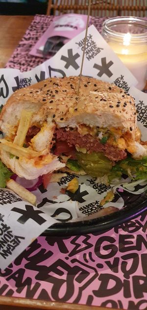 Inside of the Mc Cruelty Free burger at Vegan Junk Food Bar - De Pijp in Amsterdam