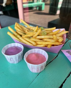 Pinky T.R.U.F. and Purple Garlic dips   at Vegan Junk Food Bar - De Pijp in Amsterdam