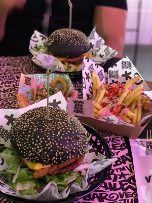 Notorious Sumo Burger, truffle fries and onion rings  at Vegan Junk Food Bar - De Pijp in Amsterdam