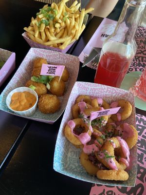 french fries, mac n cheese betterballs and onion rings  at Vegan Junk Food Bar - De Pijp in Amsterdam