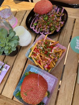 Two burgers with loaded freak fries! at Vegan Junk Food Bar - De Pijp in Amsterdam