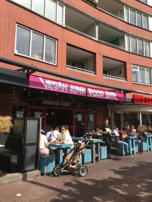 outside! lovely to sit in the sun at Vegan Junk Food Bar - De Pijp in Amsterdam