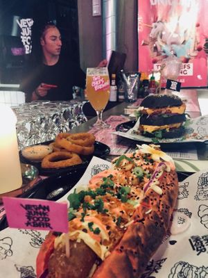 Pinky Bratwurst XXXL at Vegan Junk Food Bar - De Pijp in Amsterdam