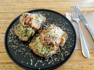 toast with avo and kimchi, $15 at Amore Food Market & Cafe in Timaru