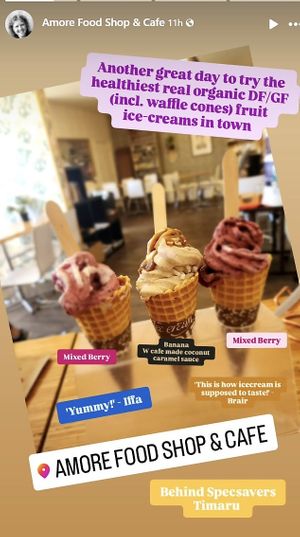 Now serving Real Organic Fruit Vegan Ice-creams with GF Vegan Waffle cones as optional.  Made with 30-40% organic fruit compared to other real fruit icecreams  (some only 5-20%) at Amore Food Market & Cafe in Timaru