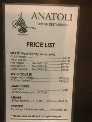 Menu prices Oct 1, 2018 at Anatoli in Cape Town