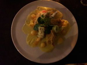 Vegan dish with smoked seasonal veggies in tempura, marinated union and vegan risotto with oyster mushrooms. Served with fries. at Stadscafe De Dighter in Vlissingen