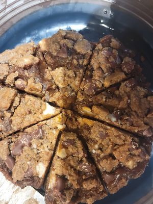 Deep dish S'mores cookie-Bourbon Pecan Pie bars on GF Toffee crust from Heaven Sent Foods at The Pizza Patio in Flagstaff