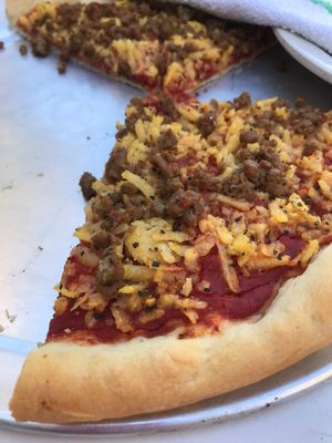 Vegan Italian sausage and shredded polenta “cheese”  at The Pizza Patio in Flagstaff