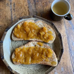 Jam toast and green tea  at Eden Eco Village in Kampot