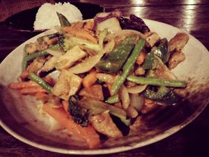 Stir fry veg in curry paste at Eden Eco Village in Kampot