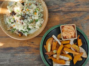 Fried rice and fried veggies at Eden Eco Village in Kampot