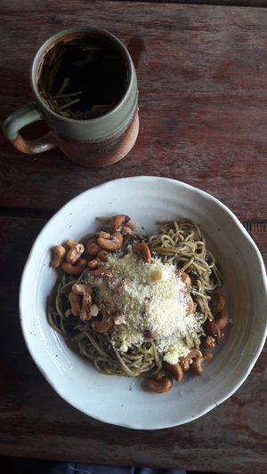 Our famous spaghetti with handmade pesto and cashews. Parmesan cheese for vegetarians. at Eden Eco Village in Kampot