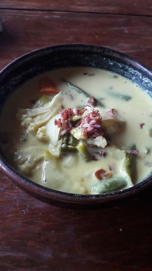 Yummy vegetarian yellow curry. Add tofu, mushrooms, cashews.  at Eden Eco Village in Kampot