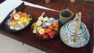 Fresh fruit plates and green tea! Healthy and happy at Eden Eco Village in Kampot