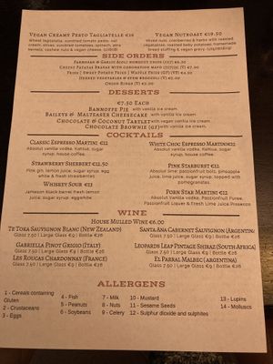 Menu as of 5-12-2020 at The Porterhouse in Killarney