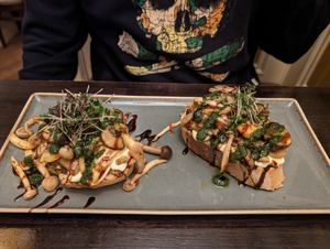 This is a starter! Assorted mushroom bruschetta topped with almond cream and pesto at The Porterhouse in Killarney