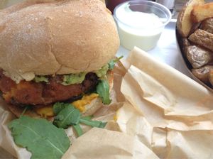 Sweet potato & quinoa burger with fries and vegan mayo at Tribal Burger - Botanic Ave in Belfast