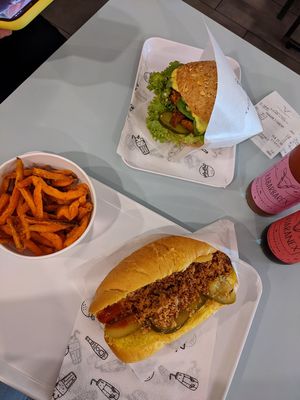 Hot dog / fries / tofu burger at Krowarzywa in Gdansk