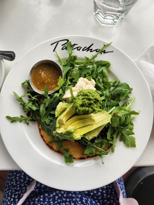 vegan omlette! chickpea flour open face, rocket, avocado, hummus, pesto, and salsa! at Cafe Patachou in Carmel