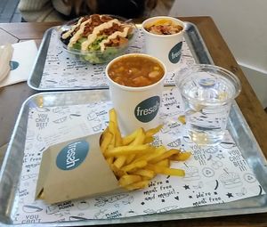 taco salad w/ side of mac and cheese
jerk stew w/ fries at Fressh in Birmingham