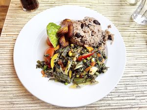 Vegan okra and Vegetables plate at Kool Runnings in Inverness