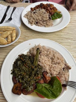 Callaloo & Okrah (spicy bean stew  on the other side) at Kool Runnings in Inverness