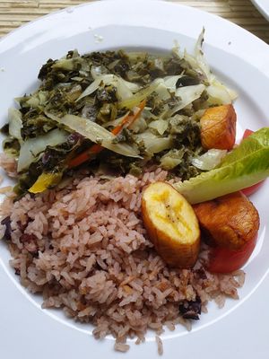 Callallo and okra with rice at Kool Runnings in Inverness