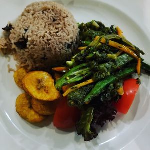 Okra with veggies and plantains at Kool Runnings in Inverness