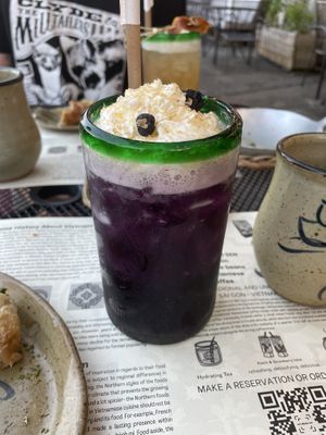 Den goji berries- beautiful drink with vegan whipped cream, taste was good, but the shaken mango Ceylon mint drink (in the background) tasted even better (just not as pretty).  at Sen Organic Small Plate in Richmond