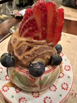 Housemade chocolate ice cream w caramel sauce  at Sen Organic Small Plate in Richmond