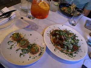Vegan crab cakes and cauliflower flatbread  at No5nyc & The Vegoist in Astoria