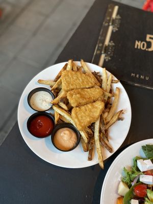 Amazing vegan fish and chips and the BEST sauces!  at No5nyc & The Vegoist in Astoria