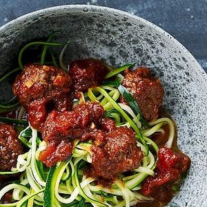 Vegan zucchini noodles with Italian Meatballs in spicy marinara at No5nyc & The Vegoist in Astoria