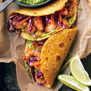 Vegan Grilled Shrimp ( algae) taco, with cheddar, Cole slaw, roasted peppers, mushroom, Pico de gallo at No5nyc & The Vegoist in Astoria
