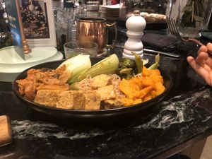 Lupini tempeh! Sweet potato, kimchi, broccoli and bok choy, right level of spicy 🌶 🔥 ❤️  at LOV in Laval