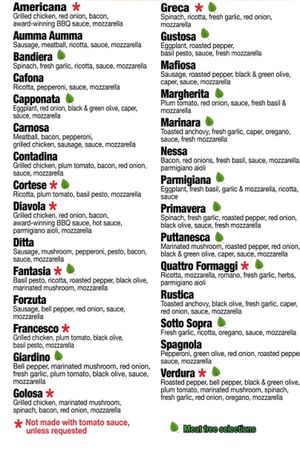 Menu with vegetarian options labeled at Rizzo's Fine Pizza in Astoria