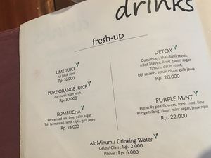 Drink menu at Milas in Yogyakarta
