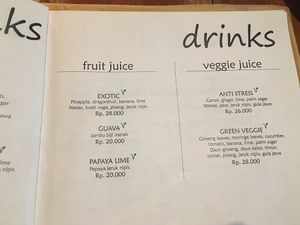 Drink menu at Milas in Yogyakarta
