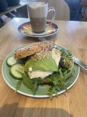 Mega vega bagel and Mushroom soy latte at Bagels & Beans in Maastricht