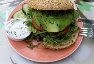 Avocado bagel with chives cream cheese at Bagels & Beans in Maastricht